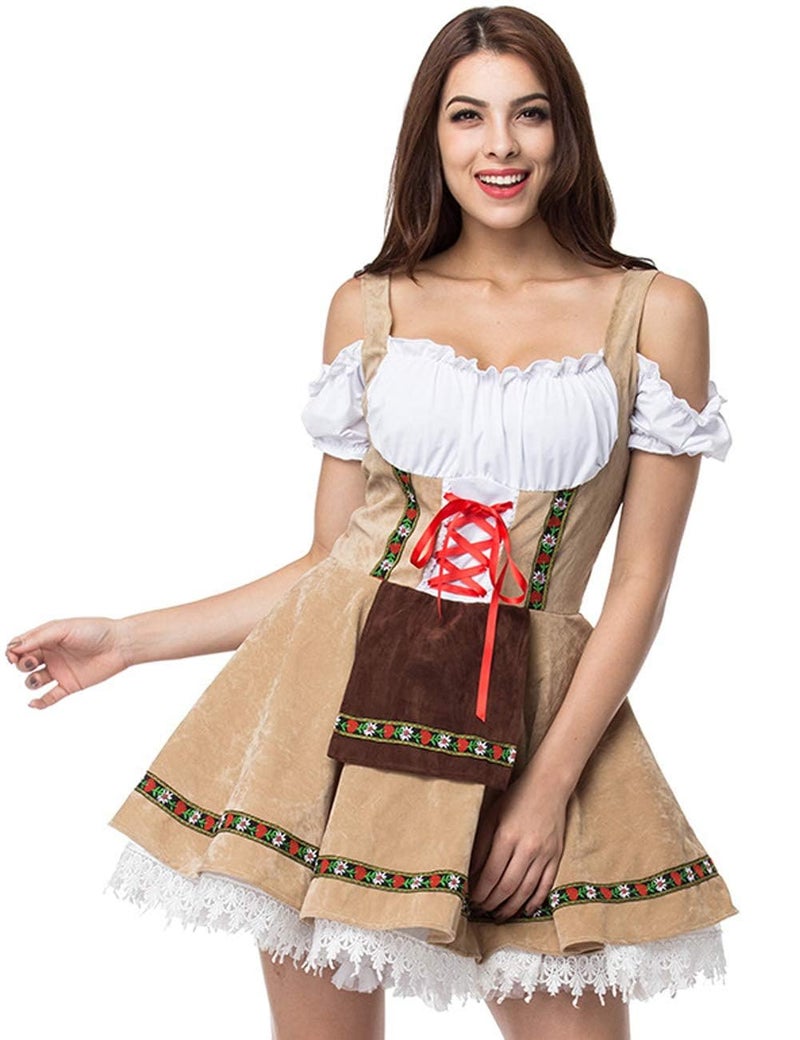 GRAJTCIN Oktoberfest Costumes Women Velvet German Bavarian Dirndl Dress Beer Maid Outfit for Halloween Carnival (L, Khaki) - Image 1